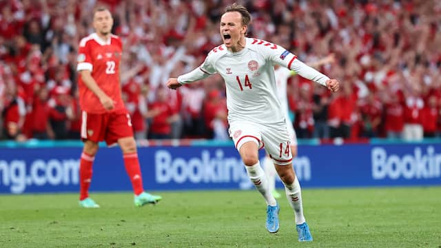 Mikkel Damsgaard na zijn doelpunt tegen Rusland. Foto: Getty Images