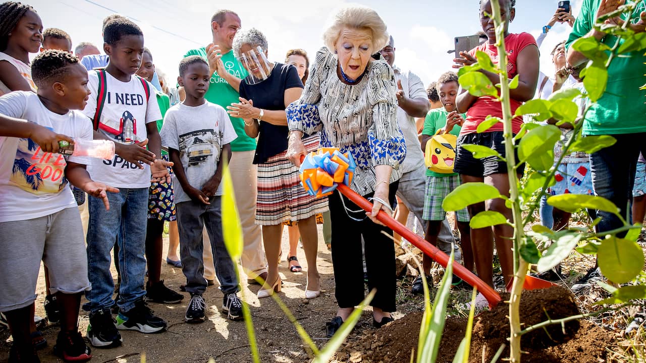 Beeld uit video: Prinses Beatrix helpt met planten fruitboom in Curaçao