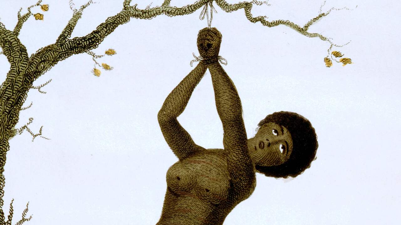 Een gestrafte tot slaaf gemaakte vrouw in Suriname.