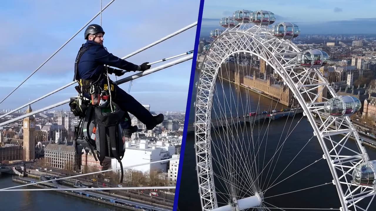 Beeld uit video: Schilders geven 135 meter hoog London Eye abseilend nieuw likje verf