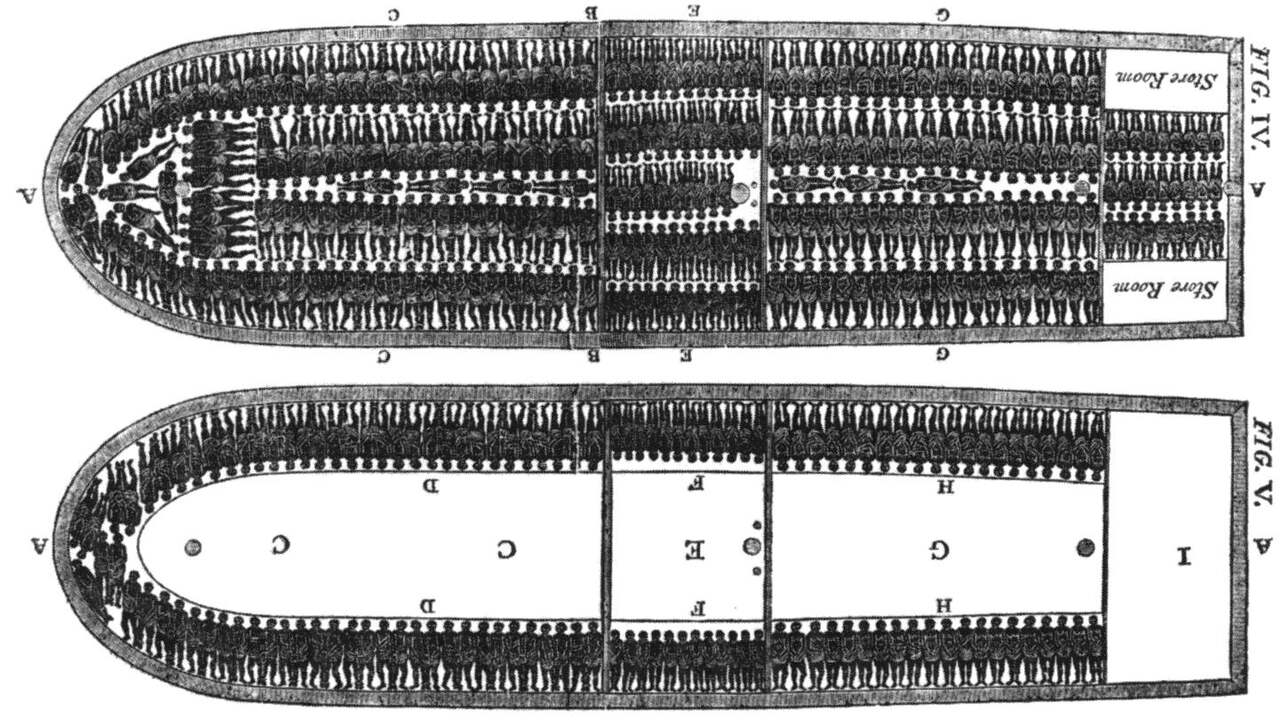 De indeling van een Brits slavenschip eind achttiende eeuw.