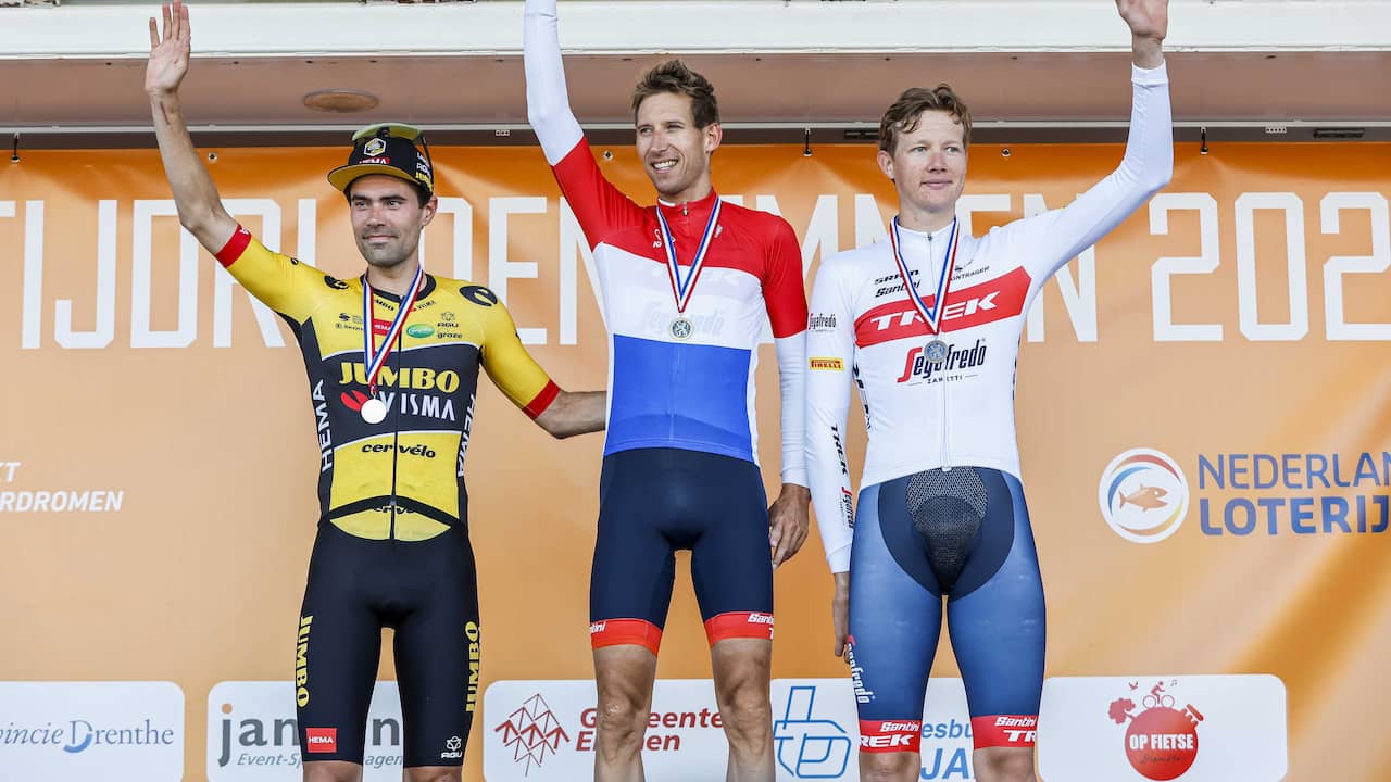 The podium of the Dutch National Time Trial Championship, with Tom Dumoulin, Bauke Mollema and Daan Hoole from left to right.