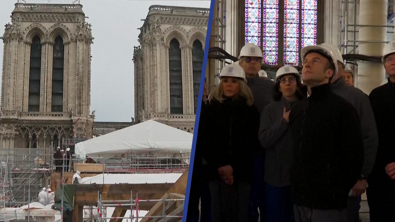 Beeld uit video: Macron en vrouw bezoeken Notre-Dame tijdens restauratie