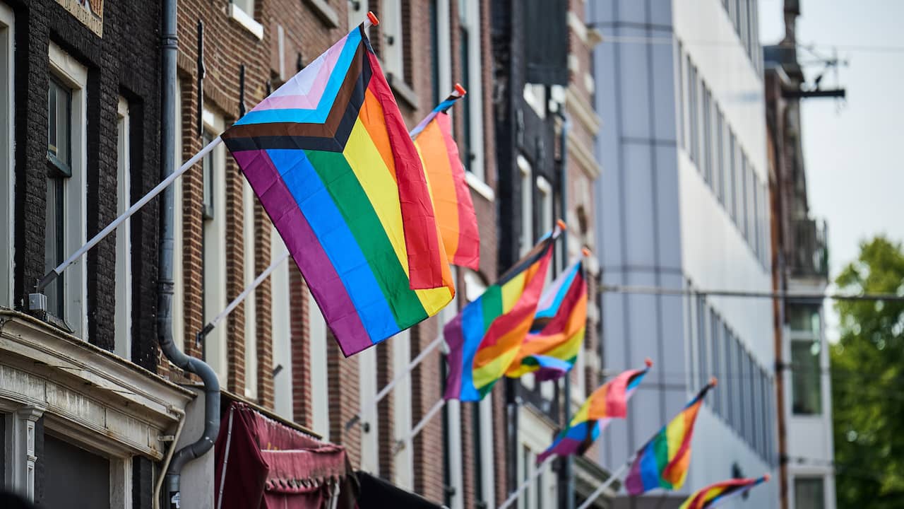Bandiere arcobaleno sono appese alle facciate di tutta la città.