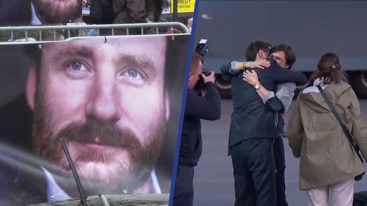 Beeld uit video: Belg die 455 dagen in Iraanse cel zat sluit familie in de armen