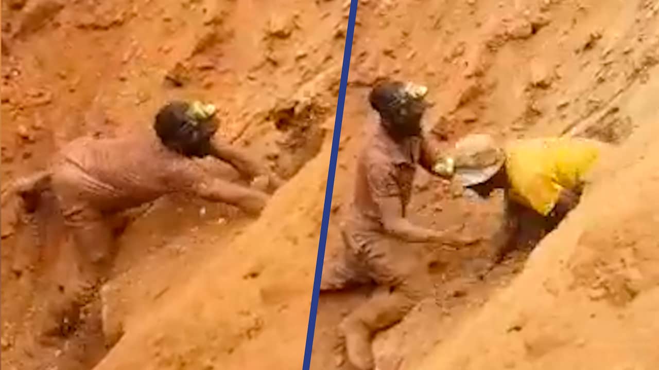 Beeld uit video: Man bevrijdt ingesloten mijnwerkers met zijn blote handen in Congo