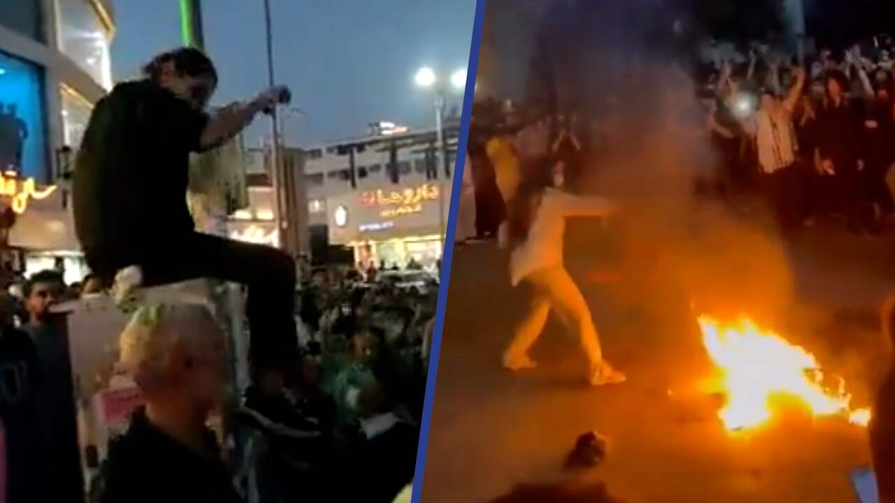 Beeld uit video: Iraanse vrouwen verbranden hoofddoek bij aanhoudende protesten