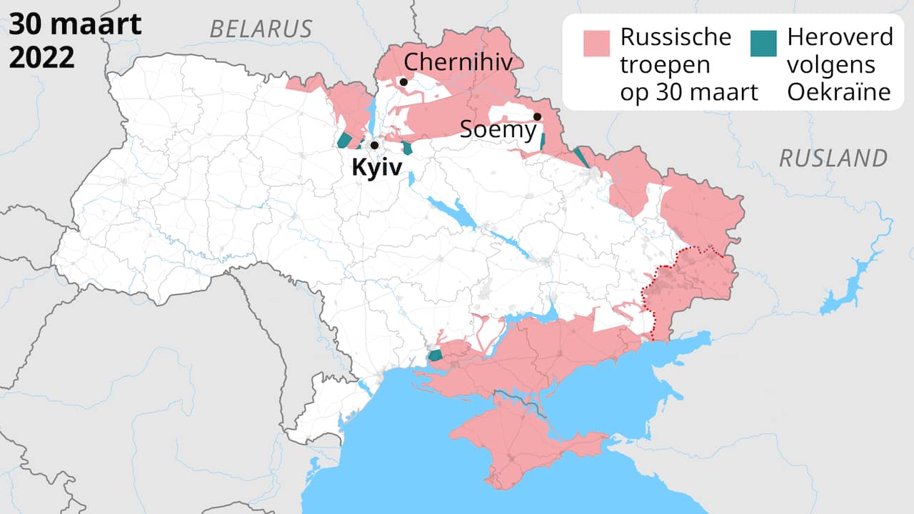Alla fine di marzo, le truppe russe erano ancora pienamente presenti nell'Ucraina settentrionale.  La settimana successiva si ritirano lì per concentrarsi sulla battaglia a est.