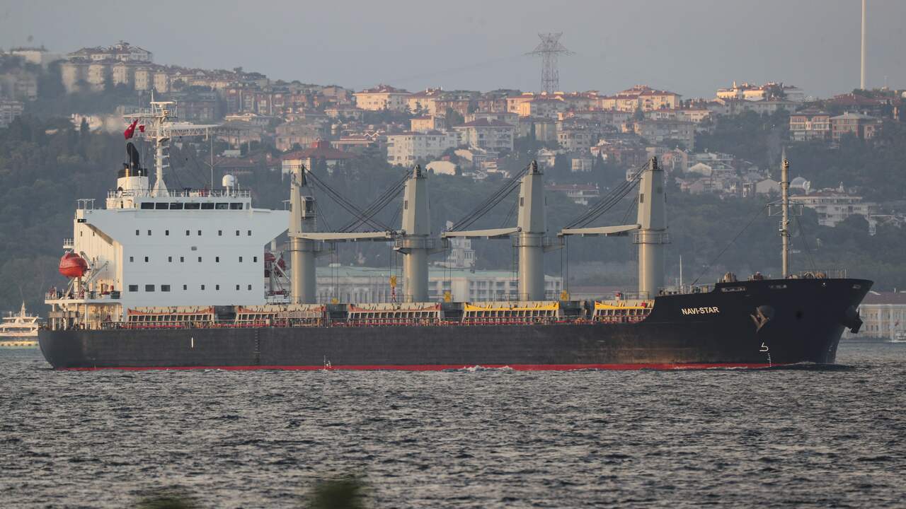 Een schip met Oekraïens graan vaart door de Bosporus.