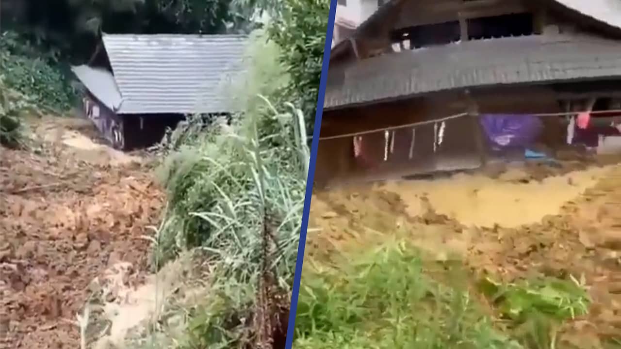 Beeld uit video: Modderstromen sleuren huizen mee in Zuid-China