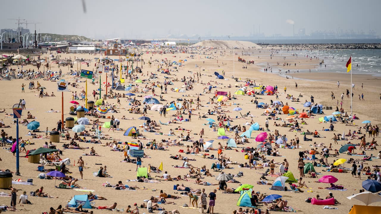 Bathers seek refreshment on the Scheveningen beach.  With a temperature of 30 to 35 degrees it was tropical warm in the Netherlands.