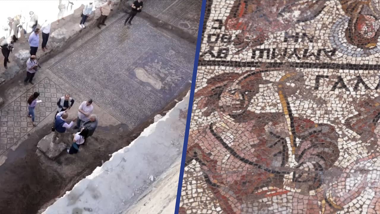 Beeld uit video: Beelden tonen net ontdekte bijzondere Romeinse mozaïekvloer in Syrië