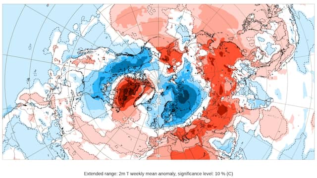 Het weermodel van het KNMI en andere Europese klimaatinstituten toont in blauw waar het de komende week kouder is dan normaal. De koudste lucht is voor Scandinavië en West-Rusland, maar Nederland pikt een paar graden vorst mee.