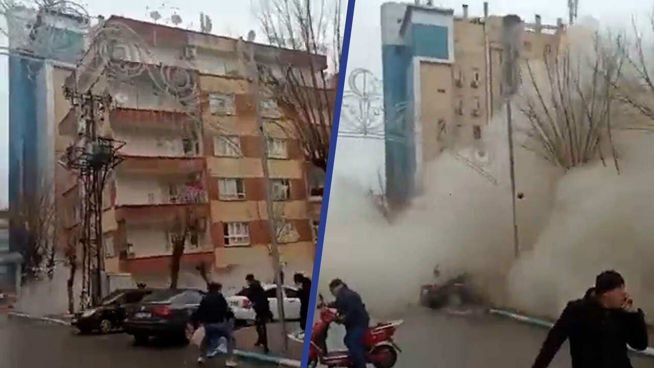 Beeld uit video: Turks flatgebouw stort uren na aardbeving in