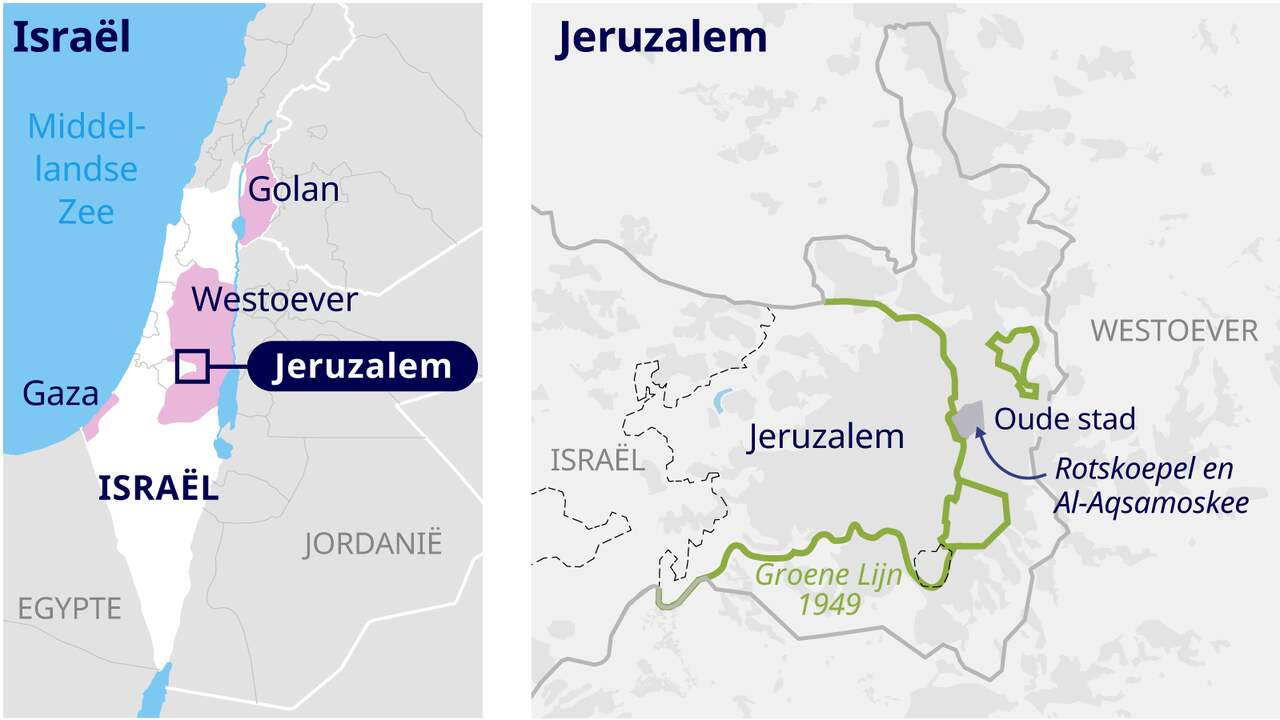 Kaart van Israël, met daarop Gaza, Jeruzalem en de Westelijke Jordaanoever.