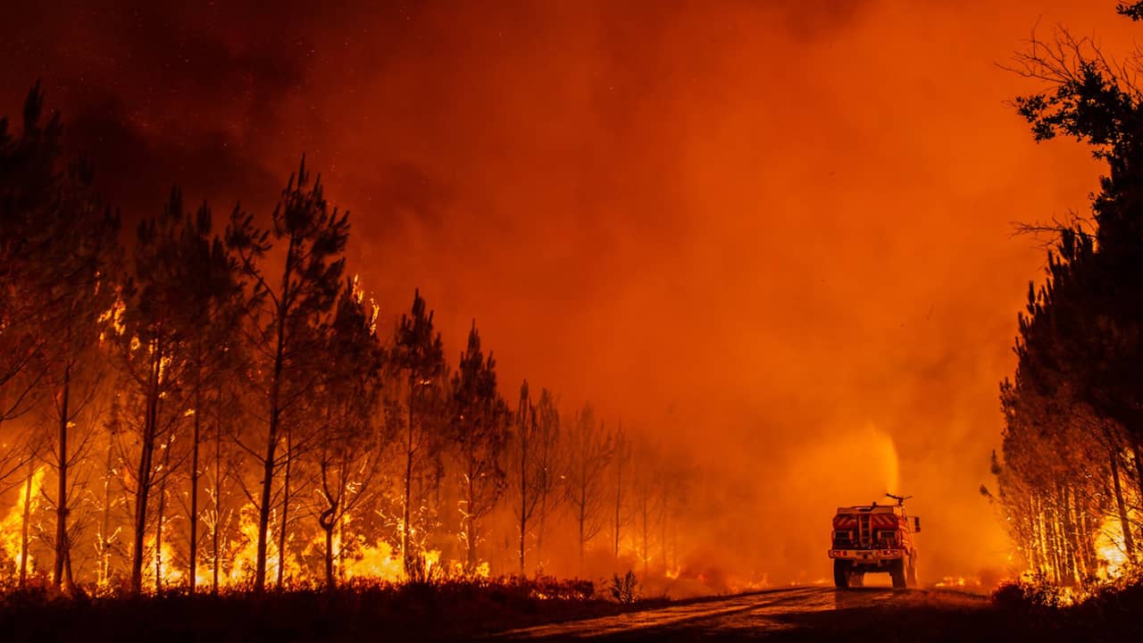 Un camion dei pompieri opera durante un incendio boschivo nella Gironda.