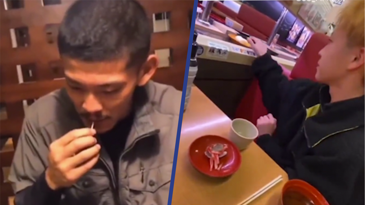 Beeld uit video: Japanners likken aan eetstokjes en tandenstokers in restaurant