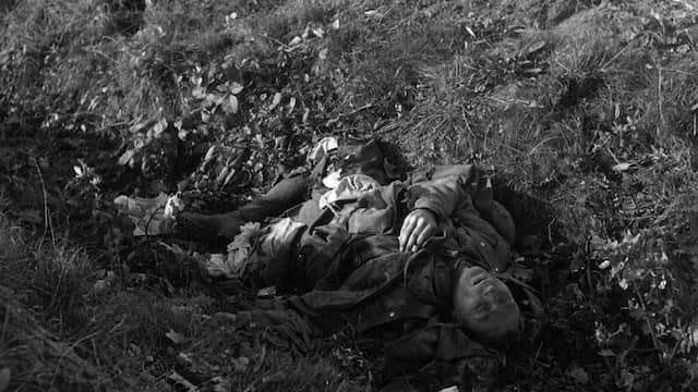 1944: Het lichaam van een omgekomen Duitse soldaat, na gevechten met Poolse troepen bij Breda.