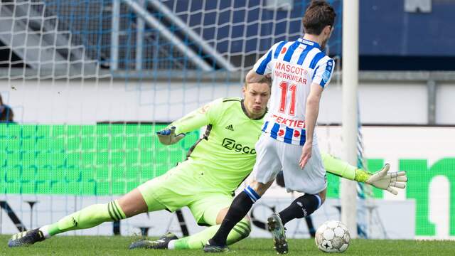 Kjell Scherpen houdt met een knappe ingreep Mitchell van Bergen van scoren af.
