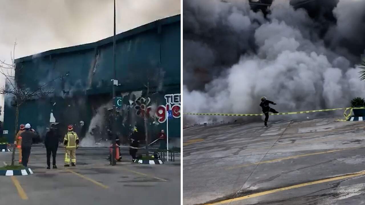 Beeld uit video: Winkelcentrum in Uruguay stort in na brand