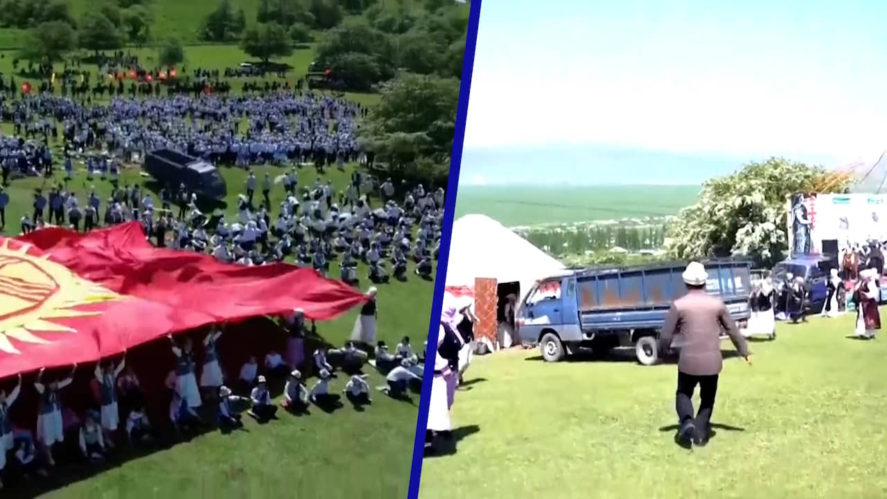 Beeld uit video: Truck slaat op hol en rijdt van berg op mensenmenigte af in Kirgizië
