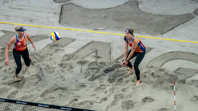 Madelein Meppelink en Sanne Keizer zullen net als op deze foto niet met een bikini spelen, maar met een shirt en langere broek.