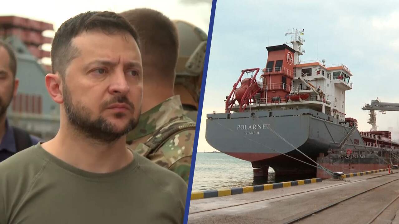 Beeld uit video: Zelensky bezoekt eerste schip voor graanexport in Oekraïne