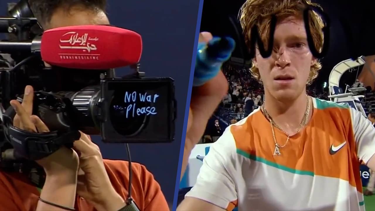 Beeld uit video: Russische tennisser schrijft op cameralens: 'Geen oorlog alsjeblieft'