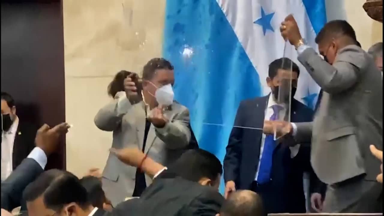 Beeld uit video: Leden van Hondurese parlement verdedigen zich met spatbord