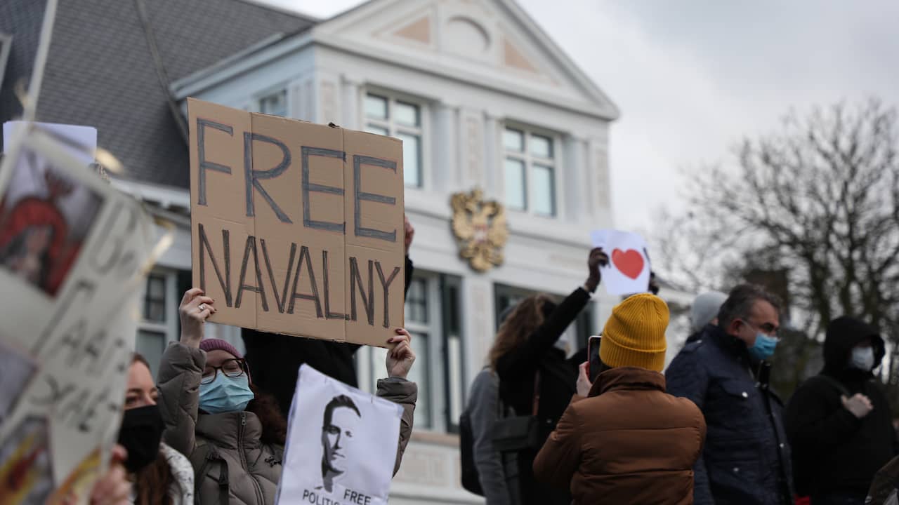 Demonstranten pleiten voor de vrijlating van Navalny bij een protest voor de Russische ambassade in Den Haag.