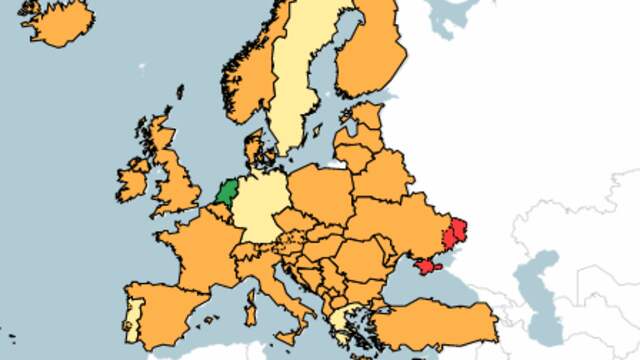 Heel Griekenland en Canarische eilanden 'geel', Italië 'oranje'
