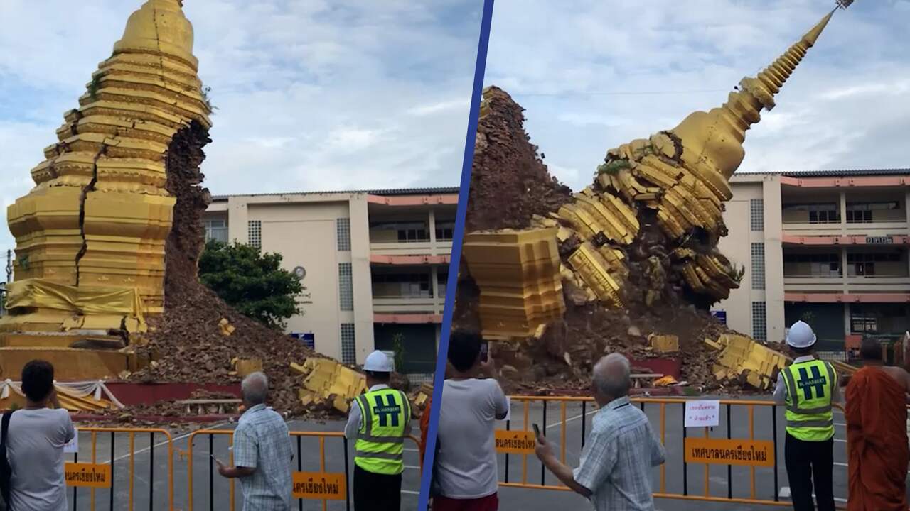Beeld uit video: Boeddhistische pagode in Thailand stort in na storm Noru