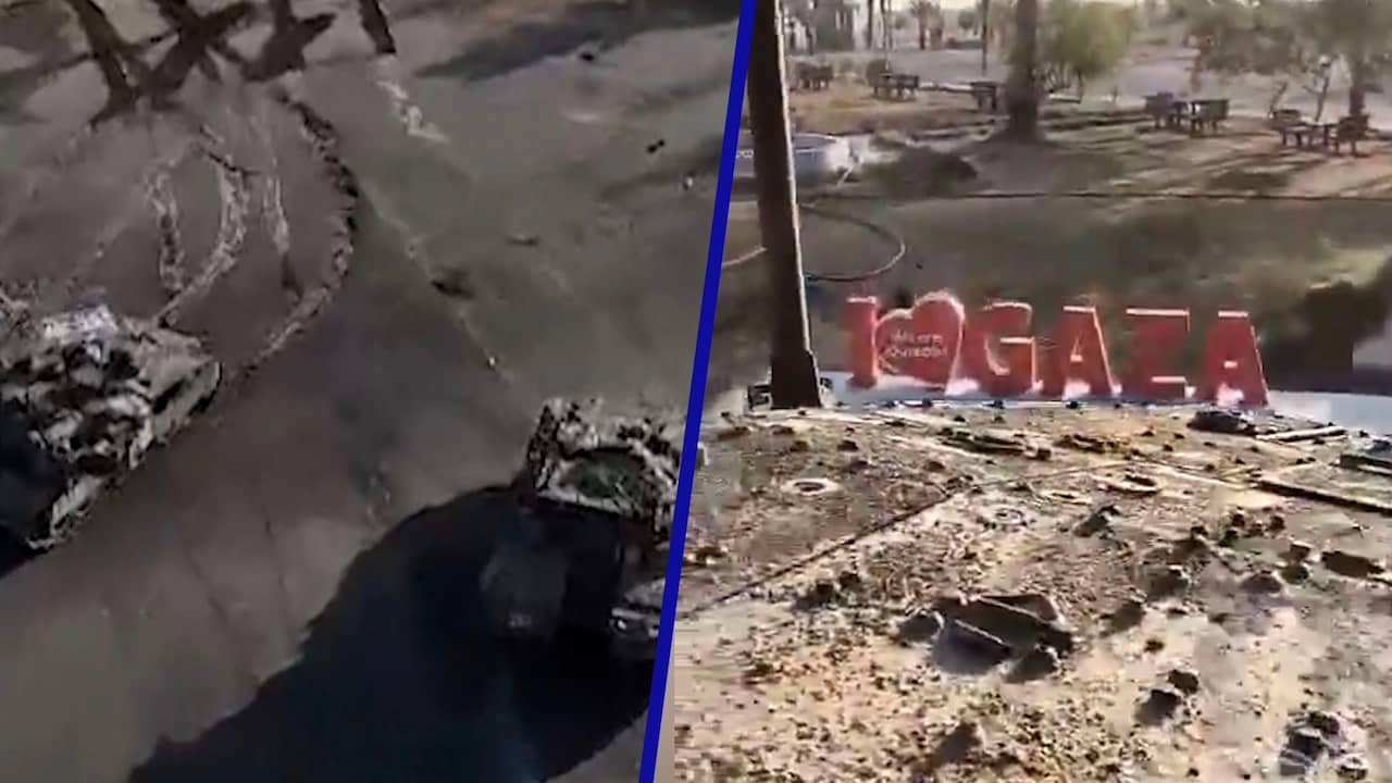 Beeld uit video: Israëlische tank vernielt Gaza-bord bij Rafah
