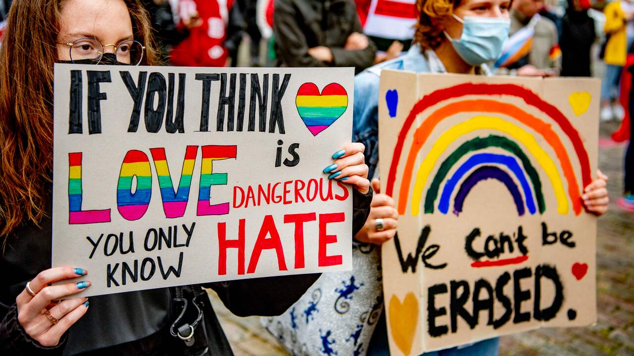 Demonstranten in Amsterdam eisen dat de Europese Unie actie onderneemt tegen een Hongaarse antihomowet.