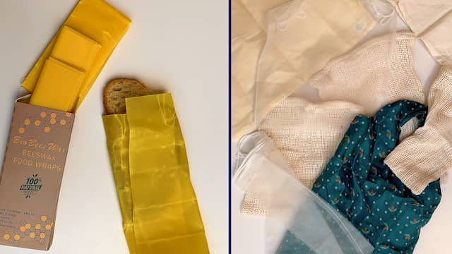 Links: Brood verpakt in bijenwaspapier. Rechts: Mijn voorraad boodschappentassen.