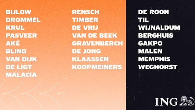 De 25-koppige voorselectie van bondscoach Louis van Gaal.