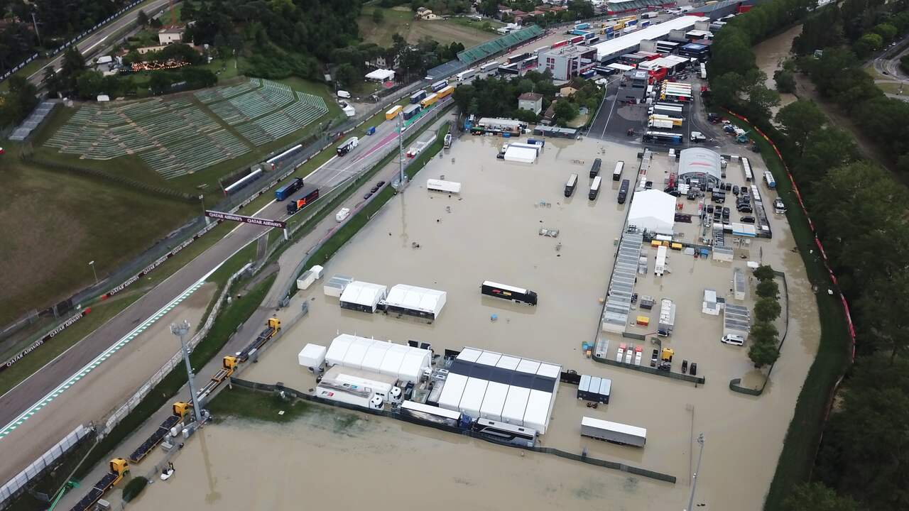 Beeld uit video: Dronebeelden tonen ondergelopen paddock van F1-circuit in Imola