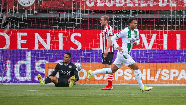 Cyril Ngonge viert zijn openingstreffer voor FC Groningen.