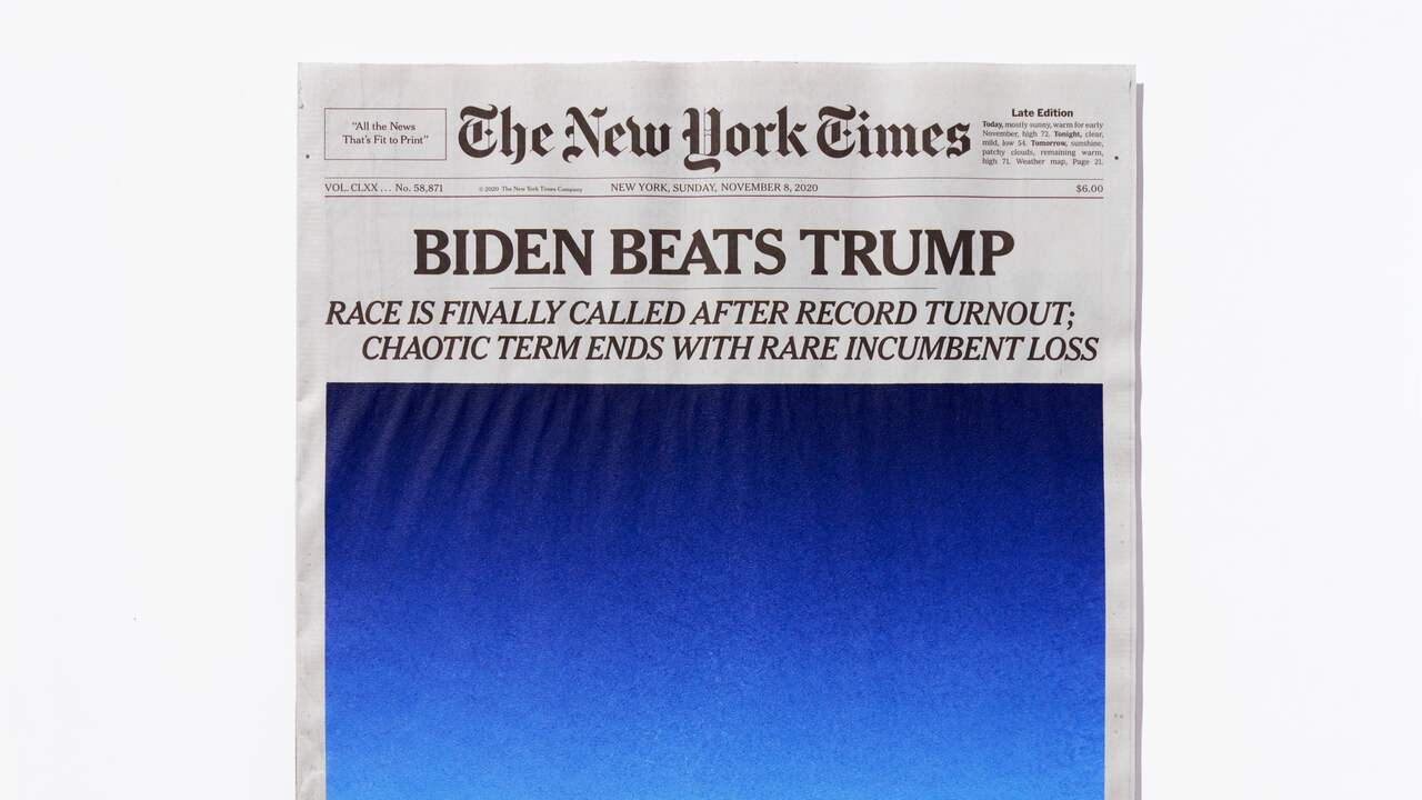Sho Shibuya schilderijen op The New York Times, Biden beats Trump, 8 november 2020.