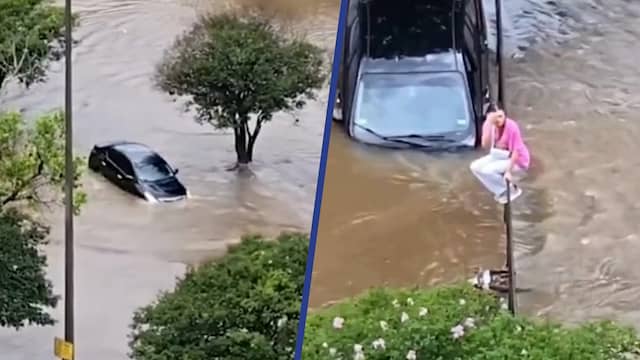 Vrouw ontsnapt uit auto wanneer ze in overstroomde rivier belandt