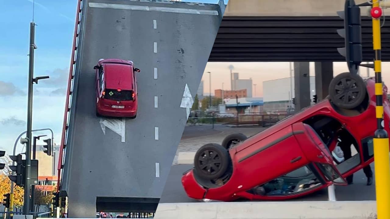 Beeld uit video: Auto ligt op z'n kop na val van ophaalbrug in België