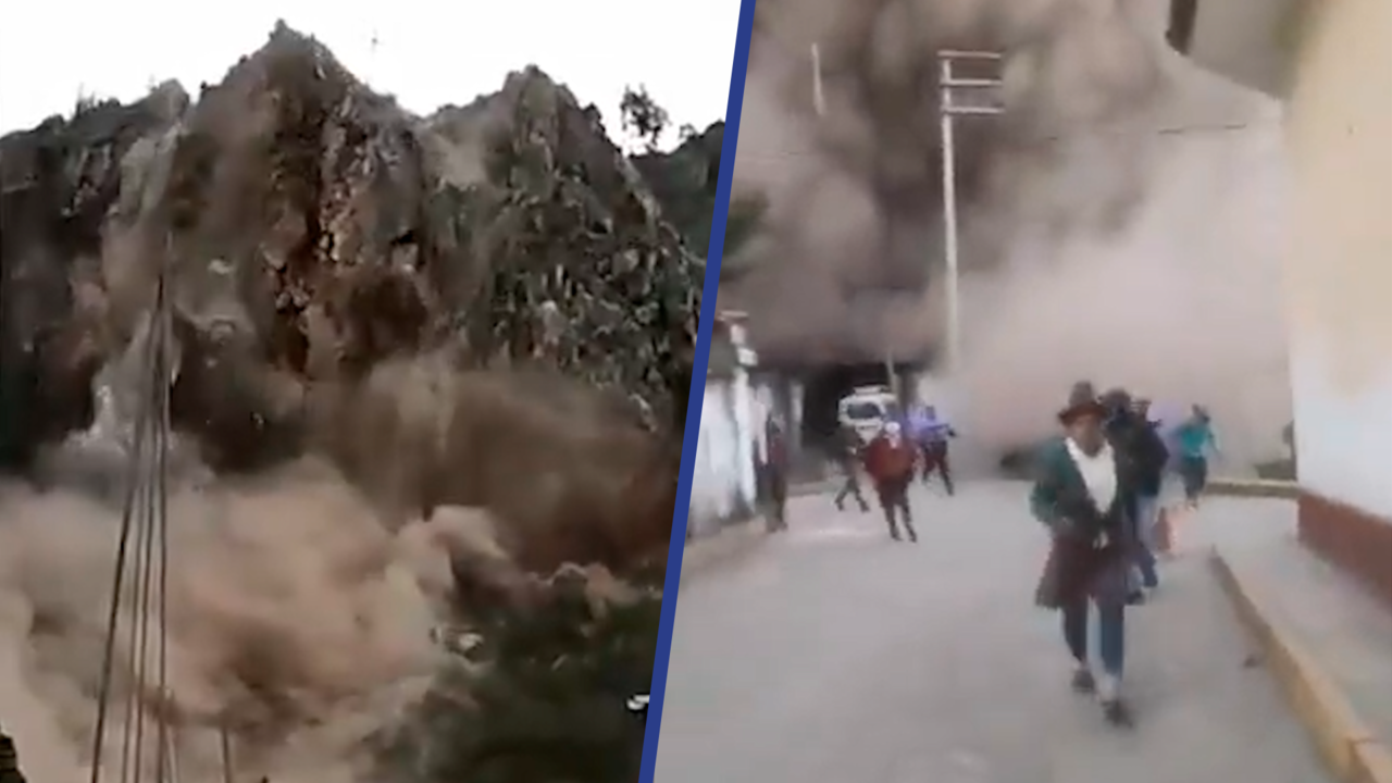 Beeld uit video: Grote aardverschuiving slokt dorp op in Peru