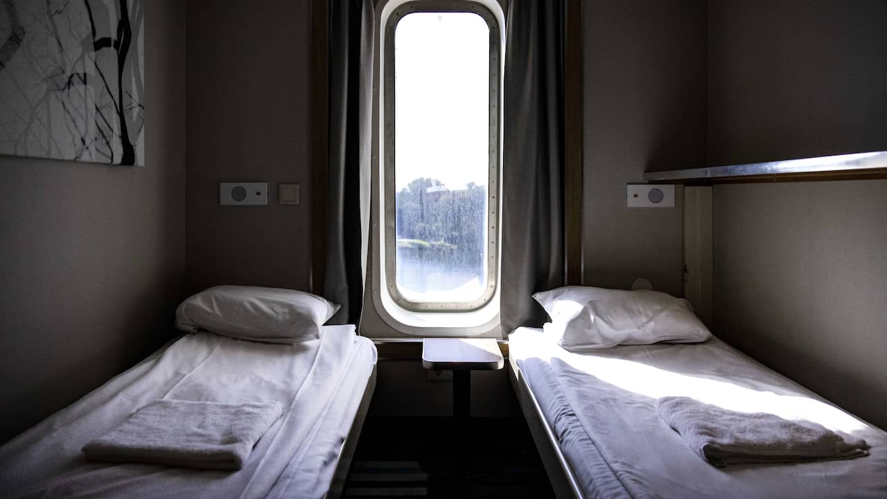 A sleeping area for asylum seekers on the ferry located on the Velsen-Noord quay.