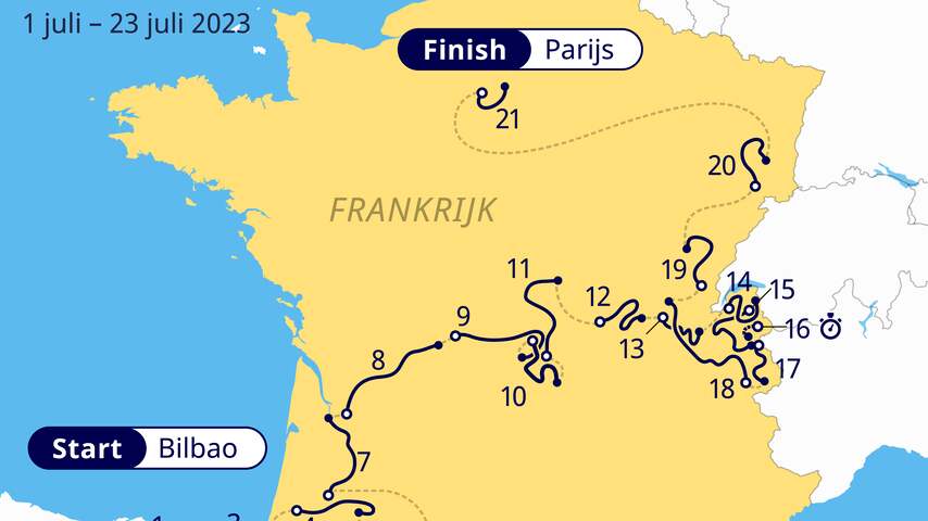 Dit is het etappeschema van de Tour: klimmers komen flink aan hun trekken