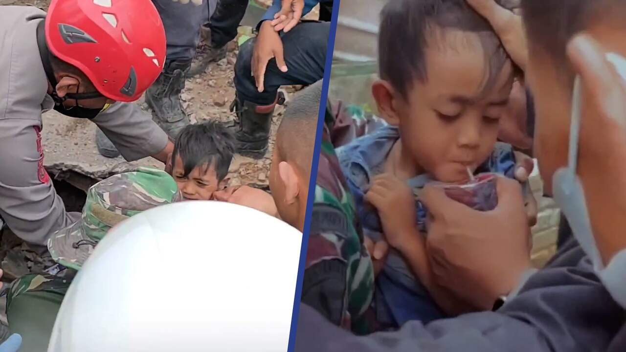 Beeld uit video: Hulpdiensten redden jongetje (5) na aardbeving op Java