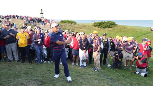 De Amerikaan Xander Schauffele in actie op Whistling Straits in Kohler.