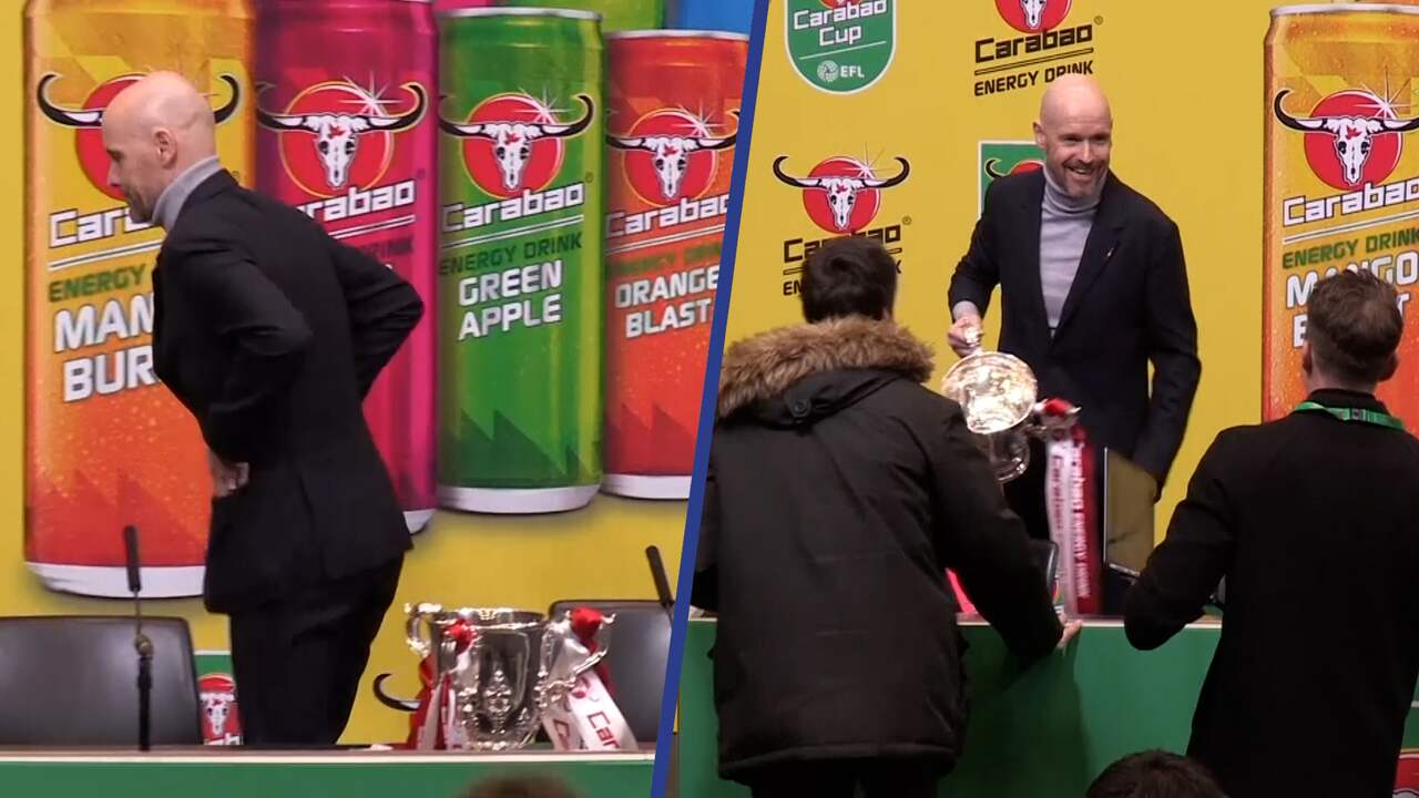 Image from video: Ten Hag almost forgets to bring his first prize with United