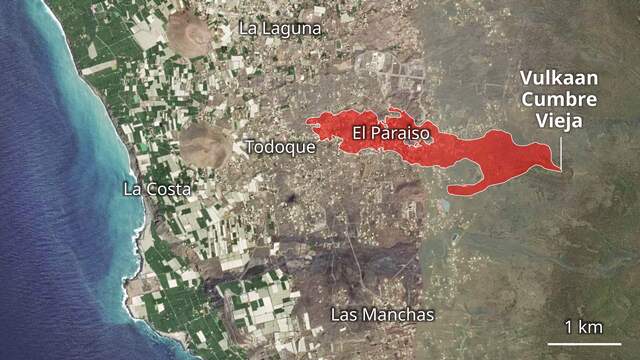 De lavastroom vanaf de vulkaan Cumbre Vieja.