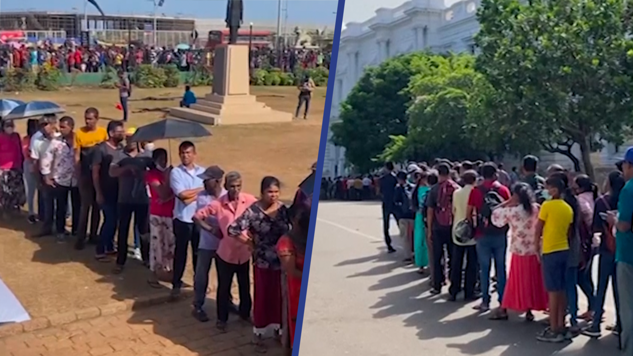 Beeld uit video: Sri Lankanen staan in rij om huis gevluchte president te bekijken