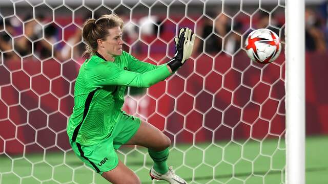 De Amerikaanse keepsters Alyssa Naeher stopte in totaal drie penalty's.